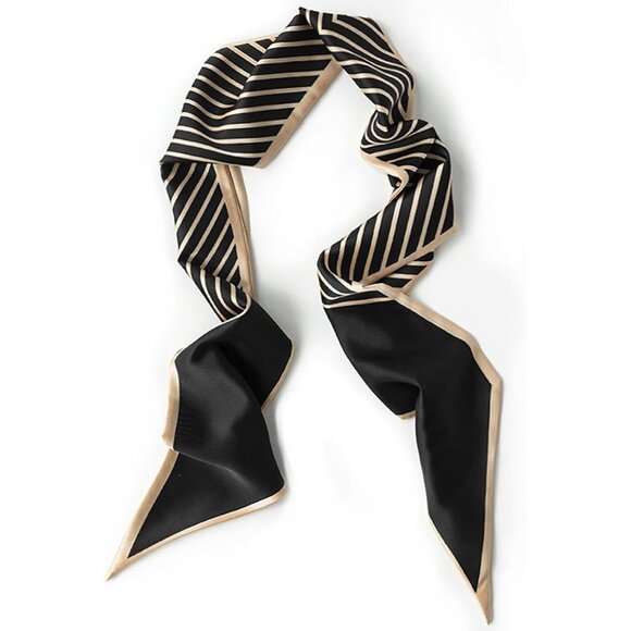 Women's Black Gold Twill Fashion Oblique Angle Silk Neck Scarf Printed Scarves - Picture 1 of 8